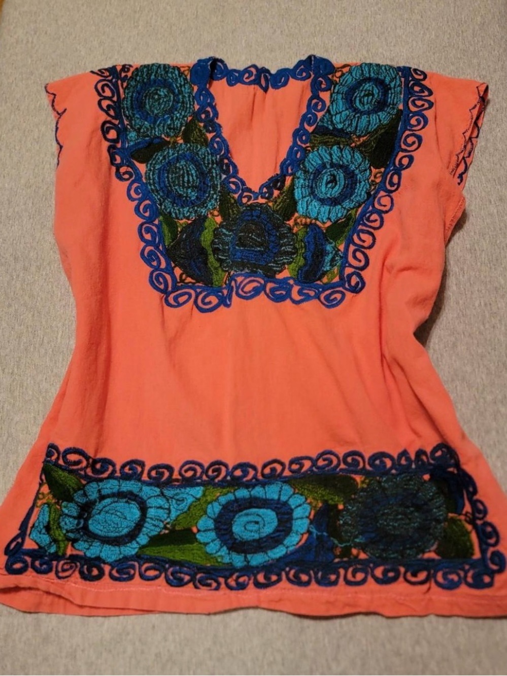 Garage Coral Embroidered V-Neck Blouse with Blue Accents